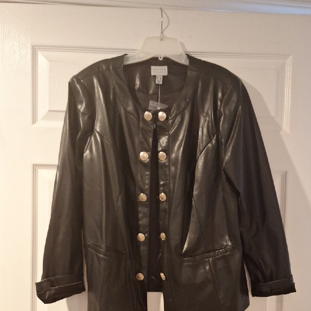 Susan Graver FAUX Black Leather Jacket with Gold Buttons